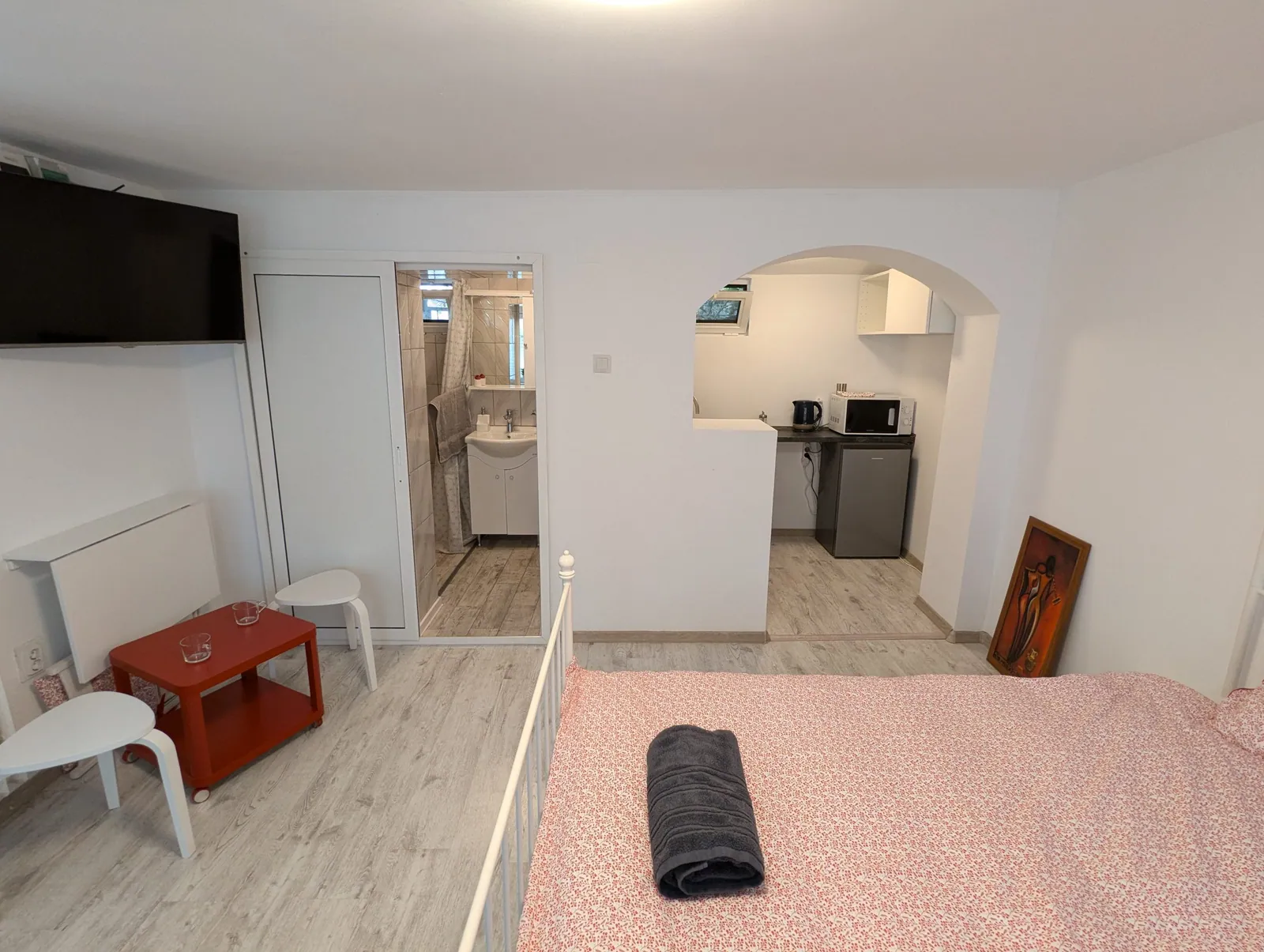Serene Studio Bucharest overview: bed, bathroom and kitchenette